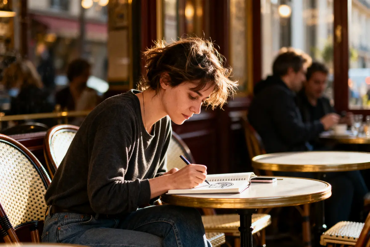Une personne dessine sur un carnet dans un café, lumière naturelle, ambiance parisienne chaleureuse.