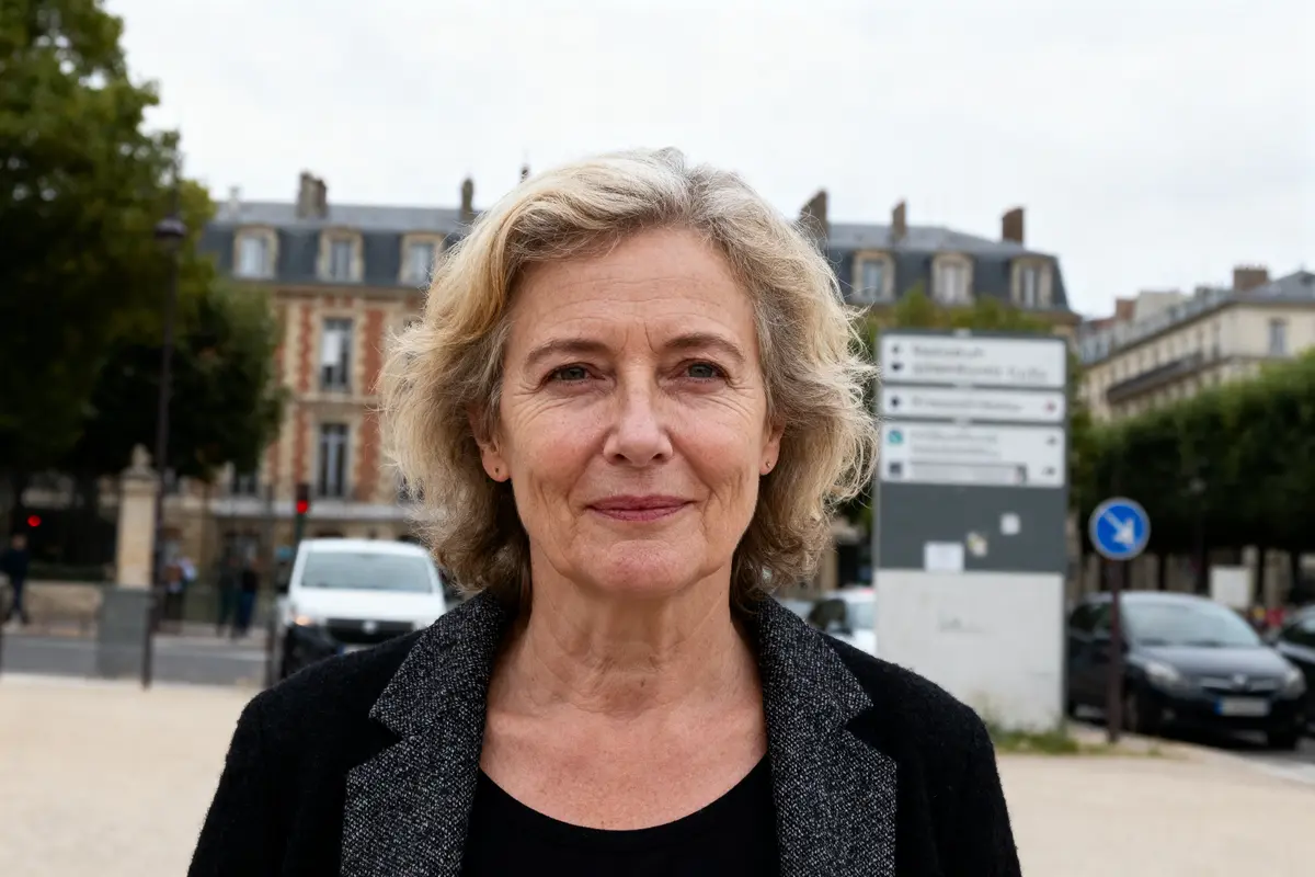 Dame aux cheveux gris, en extérieur, bâtiments et voitures en arrière-plan.