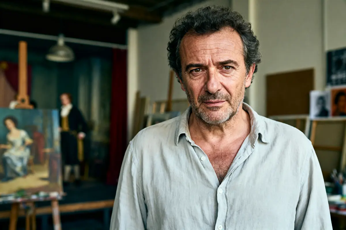 Homme debout dans un atelier d'art avec chevalet, arrière-plan flou et peinture classique visible.