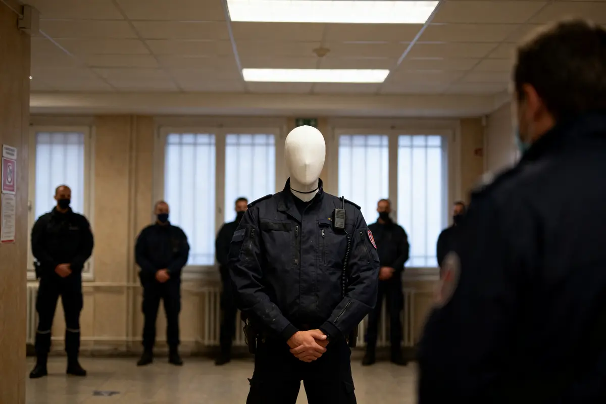 Officier aux bras croisés avec masque blanc, entouré de policiers en uniforme, dans une salle éclairée.