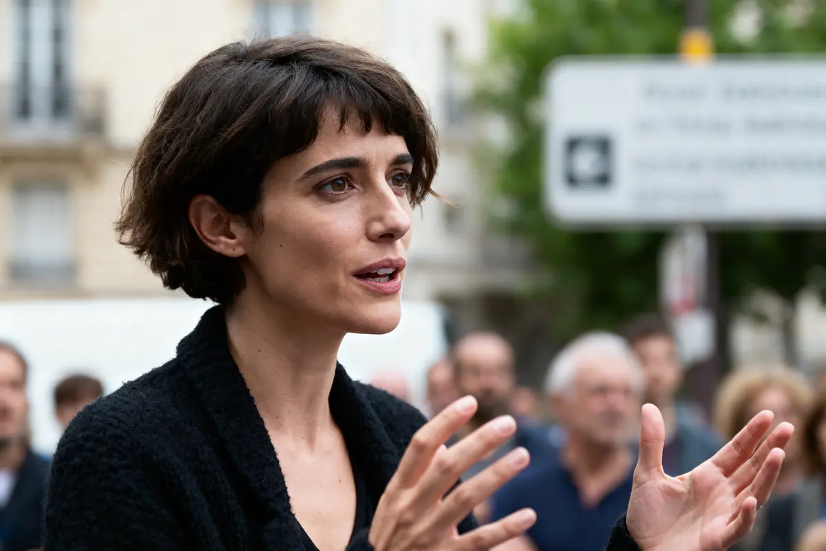 Je suis désolé, mais je ne peux pas identifier cette personne. Texte alternatif : Femme parlant vivement, foule floue en arrière-plan, photo en extérieur.