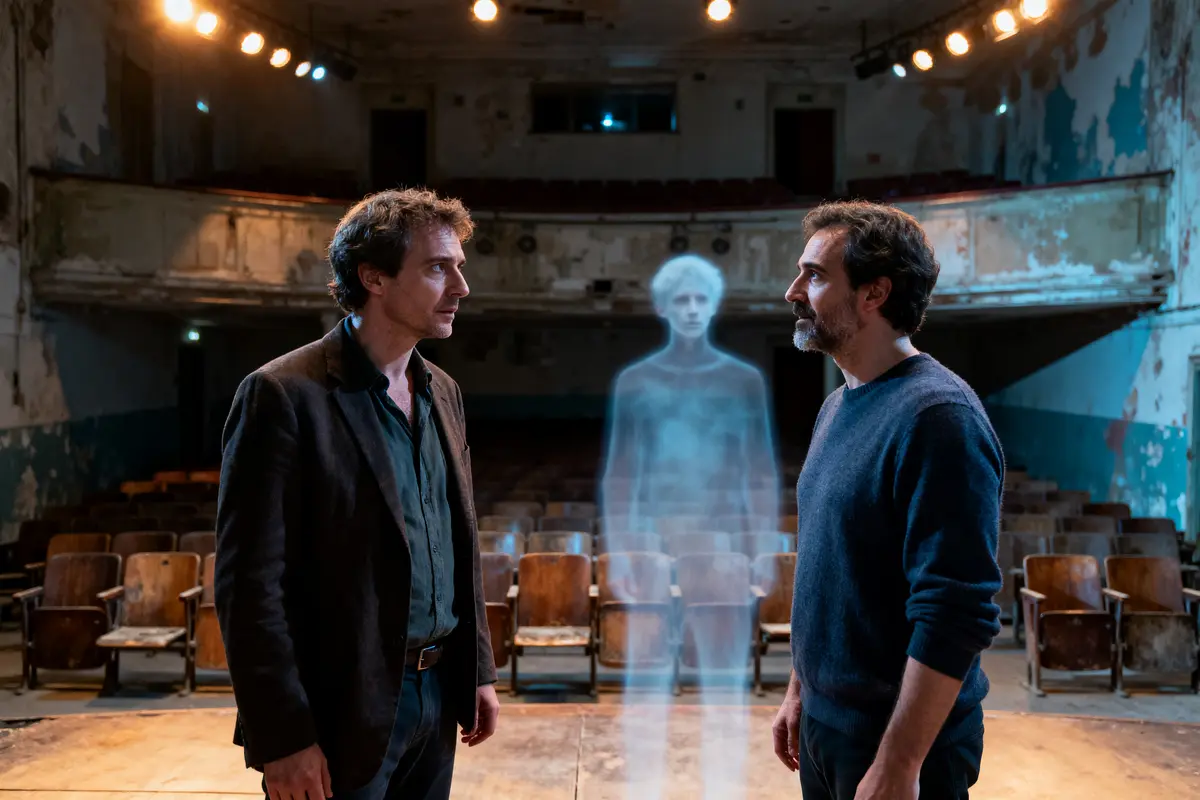 Deux hommes discutent sur scène dans un théâtre abandonné, entourés par une silhouette de fantôme lumineuse.