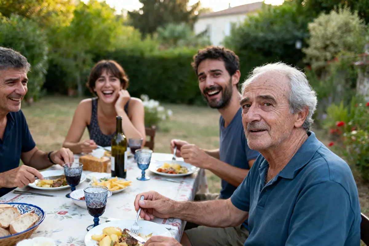 Quatre personnes sourient lors d'un repas en plein air avec vin et plats sur la table.
