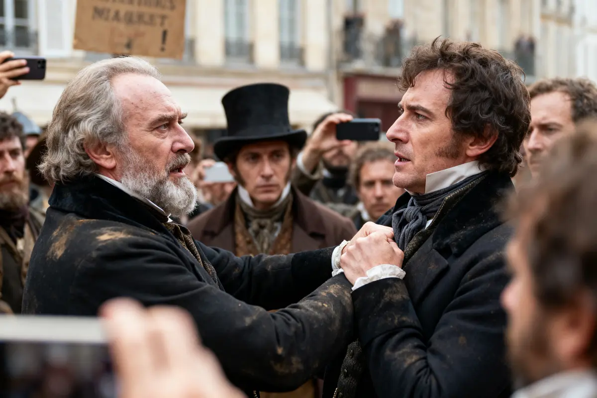 Deux hommes en costumes historiques se confrontent, entourés de spectateurs, certains prenant des photos. Scène dramatique.