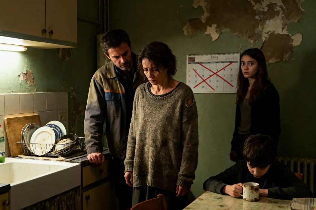 Quatre personnes dans une cuisine délabrée, atmosphère sombre et préoccupée, calendrier croix rouge, vaisselle empilée.