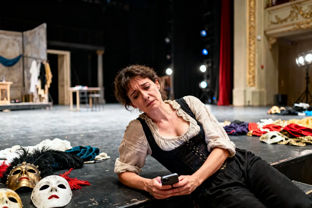 Scène théâtrale avec Marie Clément réfléchissant entourée de costumes et masques.