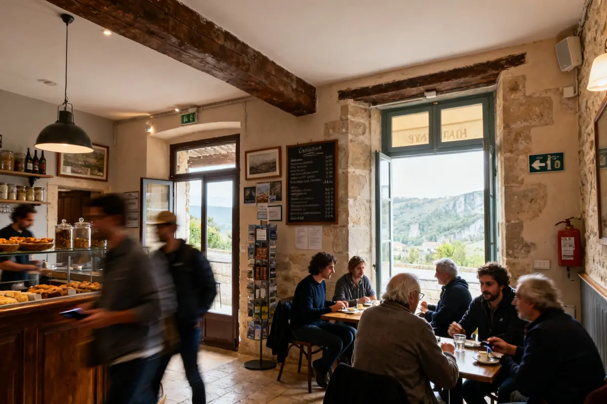 Café chaleureux avec vue rurale où Maxime Charden déguste un repas convivial entre amis