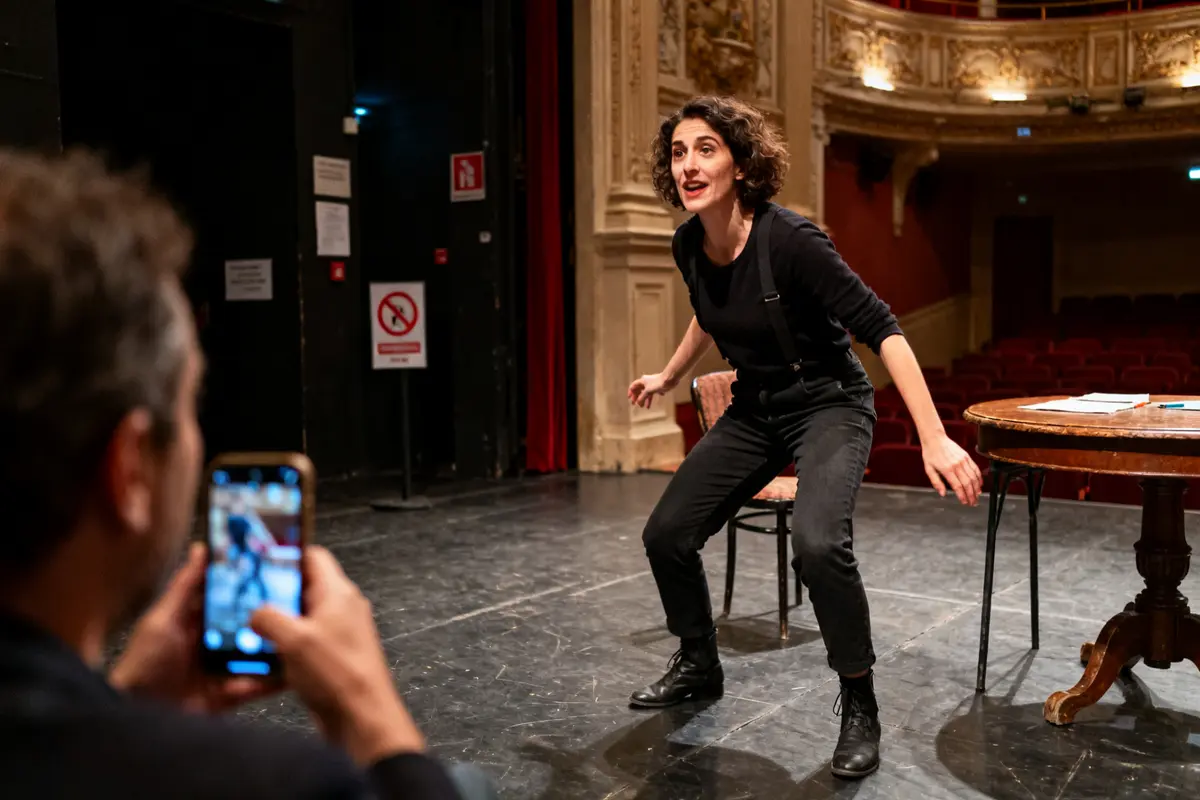 Actrice Odja Llorca en répétition sur scène, capturée par un spectateur attentif.