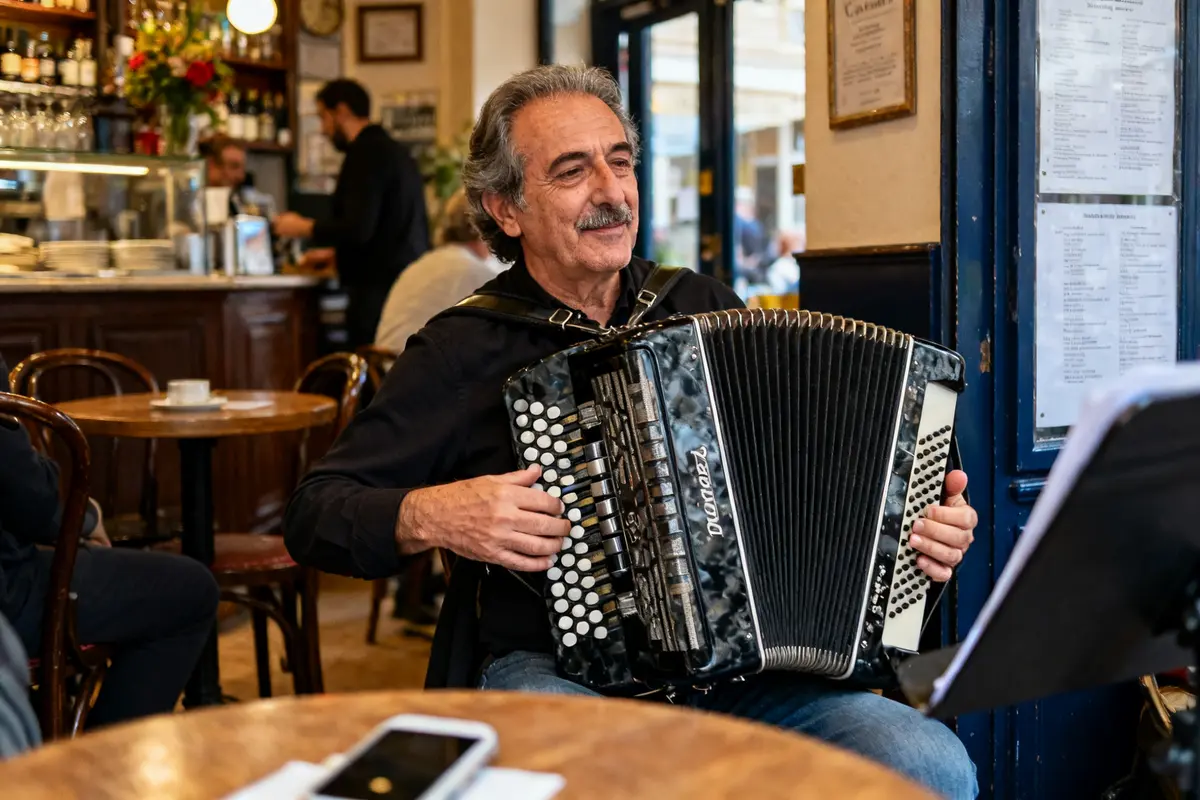 Je ne sais pas qui est sur l'image, mais voici une description : Accordéoniste souriant jouant dans un café, ambiance chaleureuse, Sergio Tomassi en performance musicale