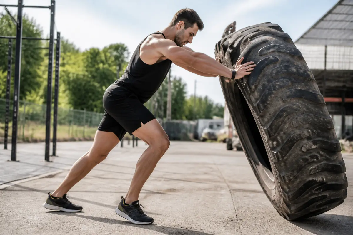 Homme poussant un énorme pneu pour l'entraînement supervisé par le coach au soleil