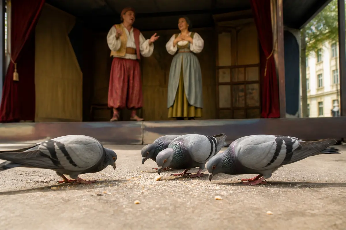 Les pigeons au théâtre : comédie et retour en scène